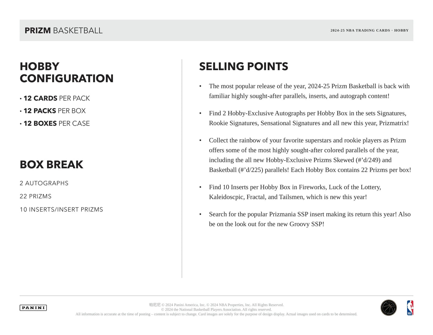Panini - 2024/25 Prizm Basketball (NBA) - Hobby Box