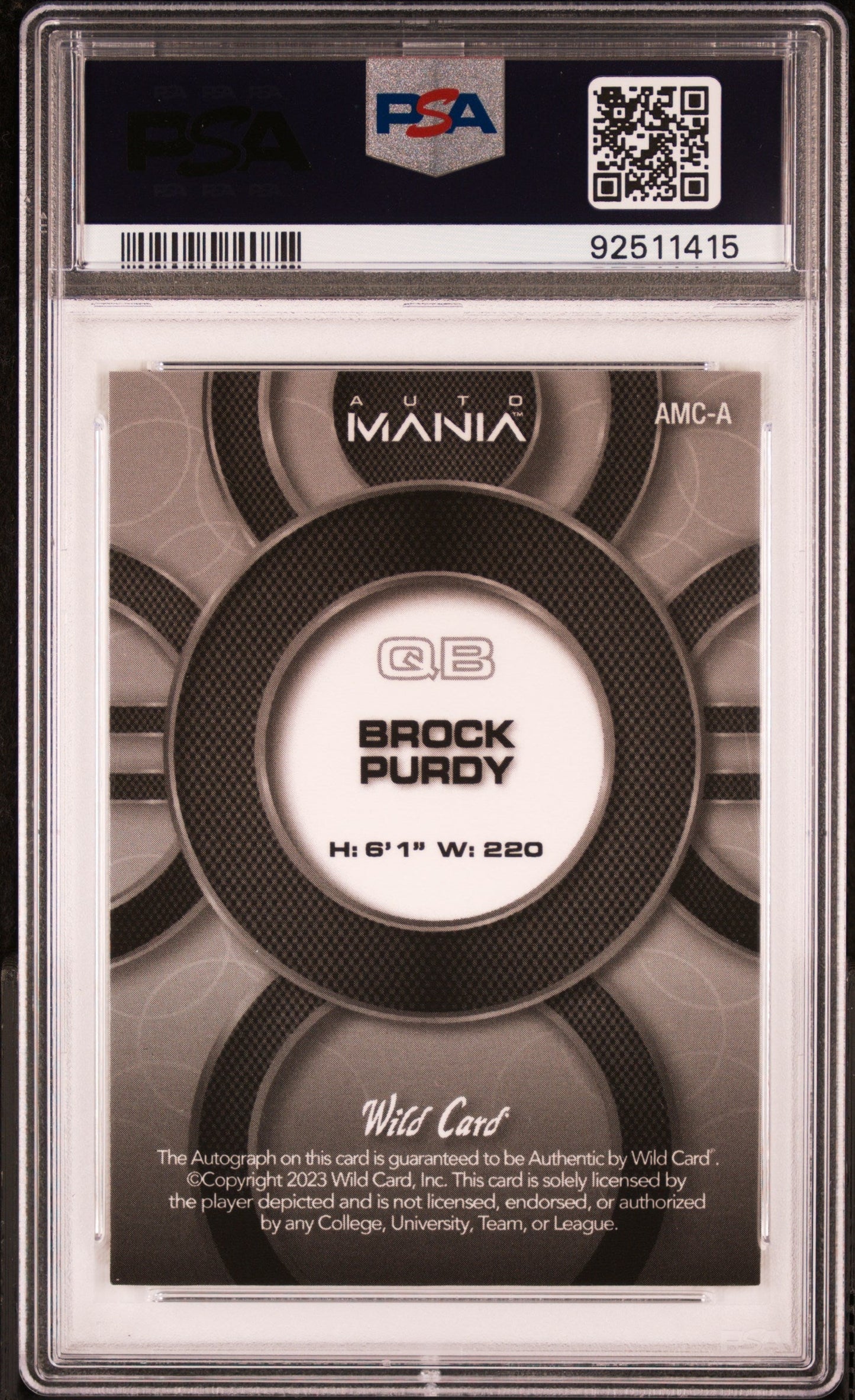2023 Wild Card Auto Mania Pro Look Autographs Brock Purdy #AMCA CRC Silver Platinum PSA 9