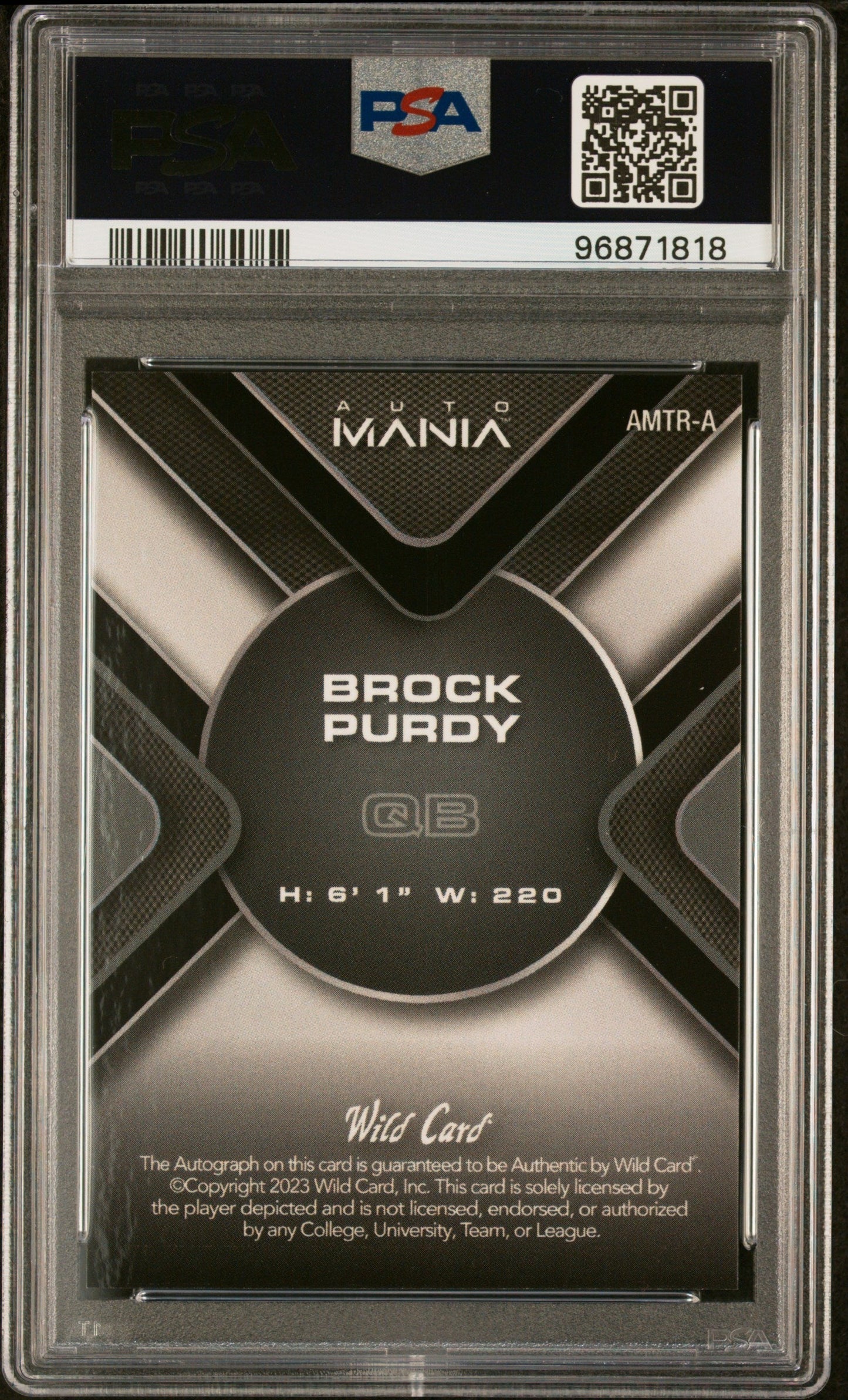 2023 Wild Card Auto Mania Pro Look Autographs Brock Purdy #AMTRA Tri Stardust Gold /4 PSA 10