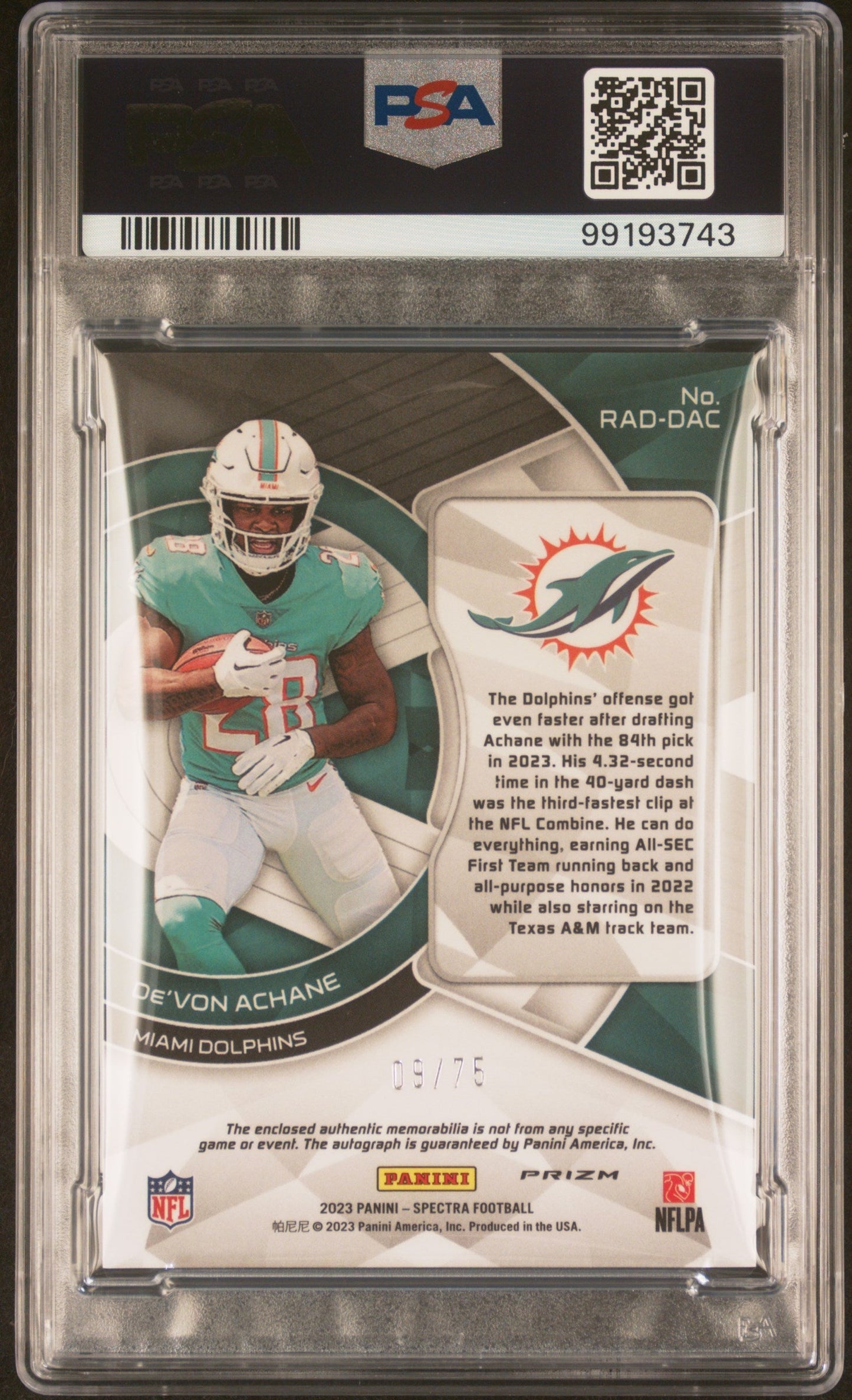 2023 Panini Spectra Radiant Rookie Patch Signatures De'von Achane #RADDAC RK Celestial PSA 9