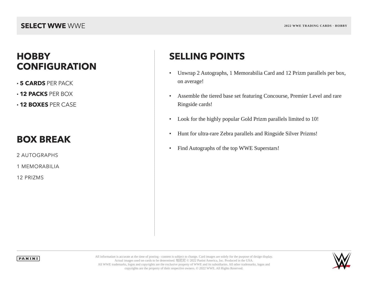 Panini - 2022 Select WWE Wrestling - Hobby Box (12 Packs)