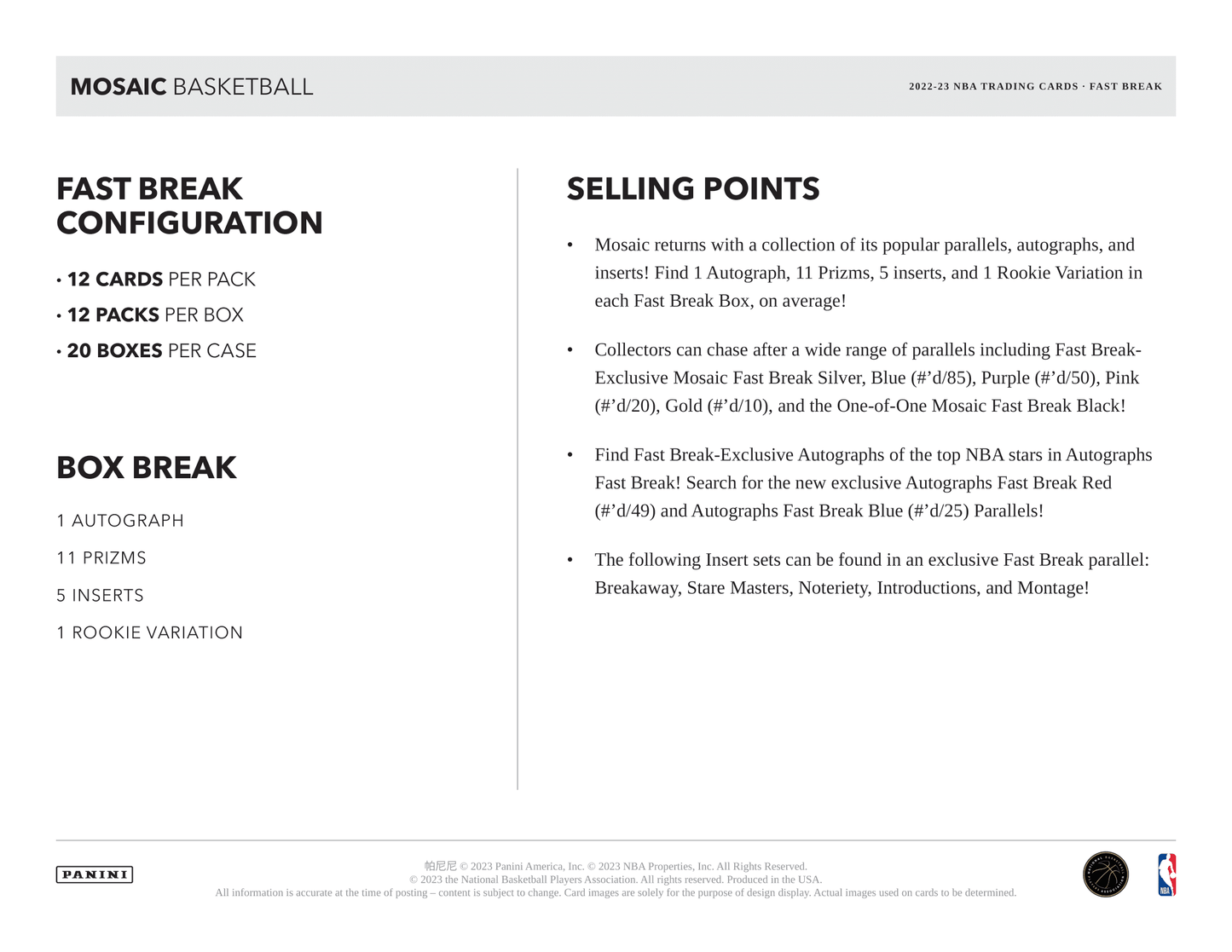 Panini - 2022/23 Mosaic Fast Break Basketball (NBA) - Hobby Box