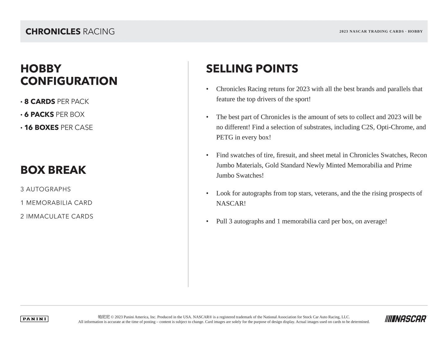 Panini - 2023 Chronicles Racing (NASCAR) - Hobby Box