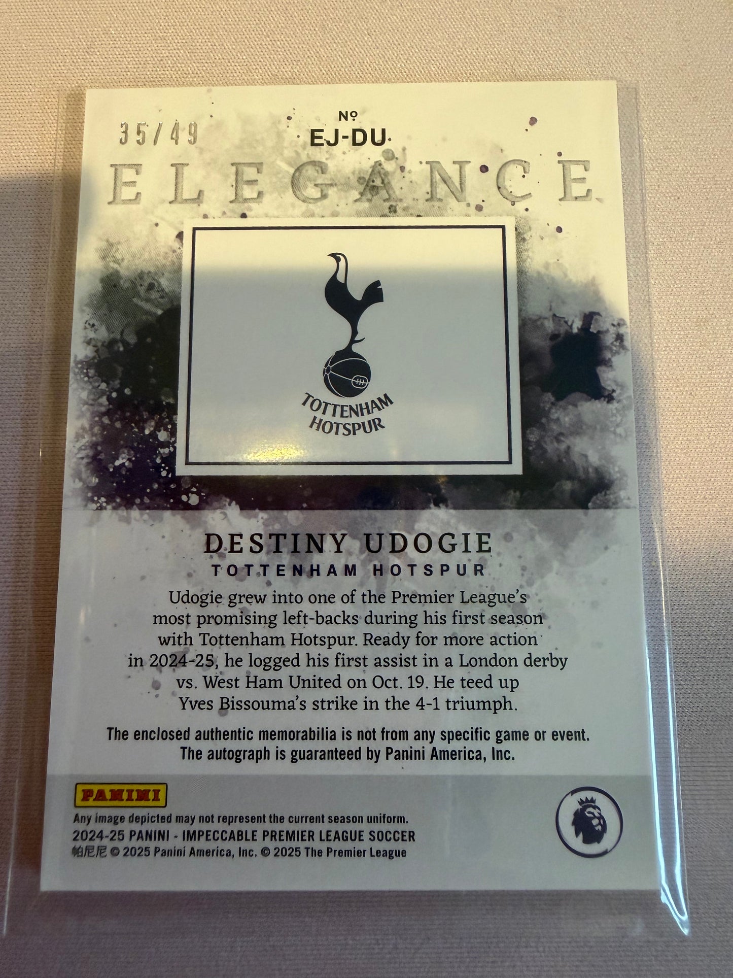 2025 Panini Impeccable Elegance Destiny Udogie #EJ-DU /49 Authentic Memorabilia Memorabilia