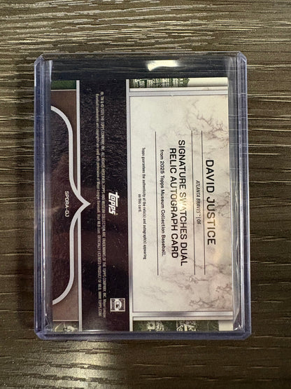 2025 Topps Museum Collection Signature Swatches Dual Relic Autograph David Justice #SSDRA-DJ /15 Signature Swatches Dual Relic Autograph Card Game-Used Memorabilia