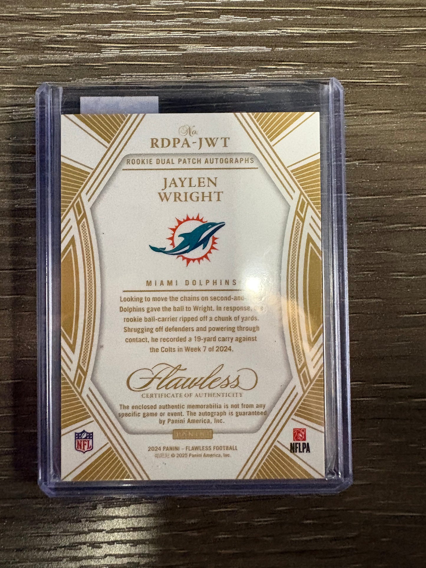 2025 Panini Flawless Jaylen Wright #RDPA-JWT /10 Rookie Dual Patch Autograph Dual Patch