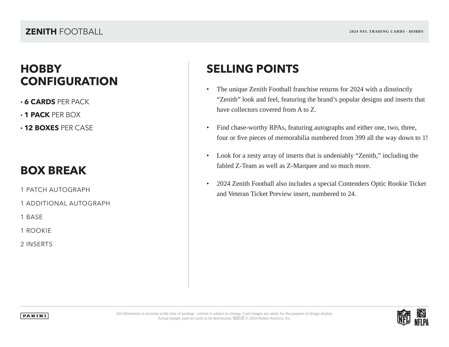 Panini - 2024 Zenith American Football (NFL) - Hobby Box