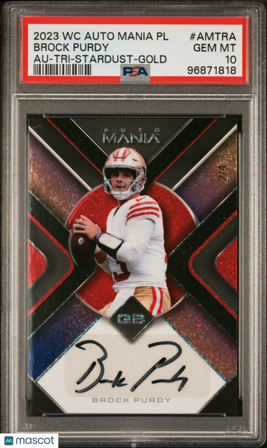 2023 Wild Card Auto Mania Pro Look Autographs Brock Purdy #AMTRA Tri Stardust Gold /4 PSA 10