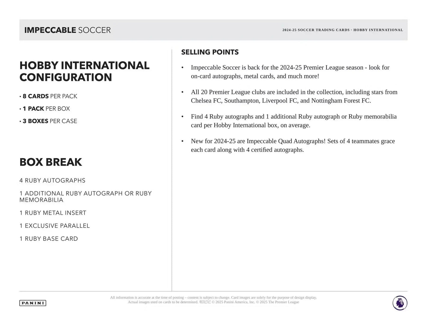 Panini - 2024/25 Impeccable Football (Soccer) - International Hobby Box