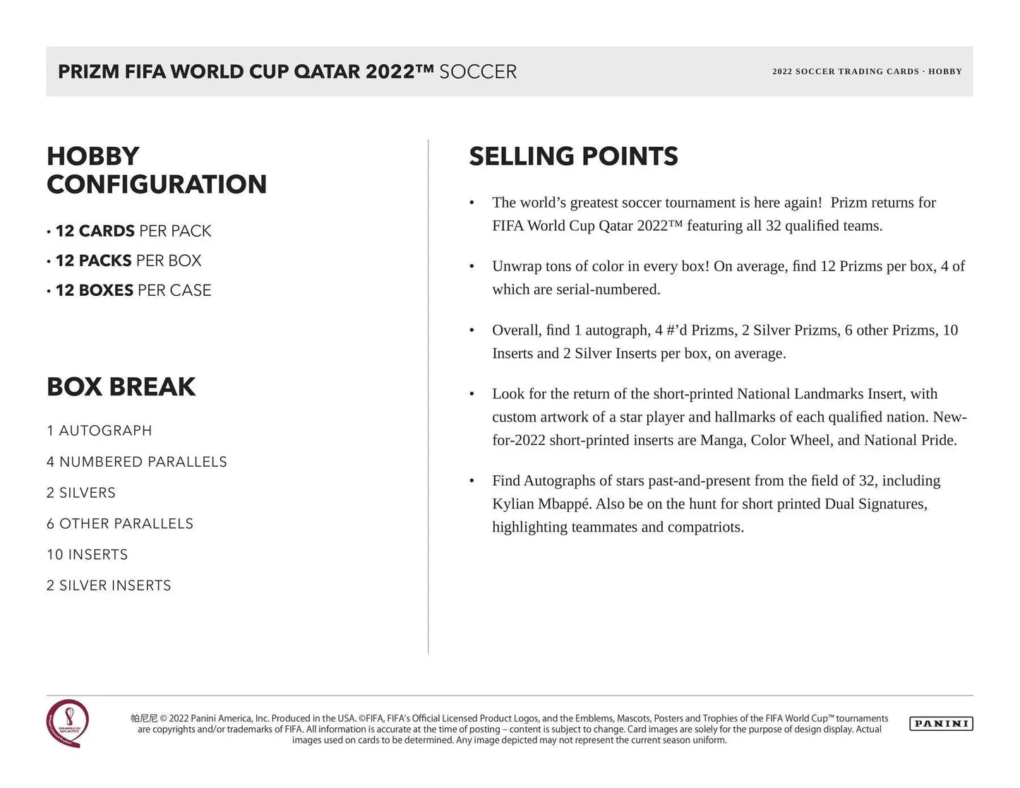 Panini - 2022 FIFA World Cup Prizm Football (Soccer) - Hobby Box (12 Packs)